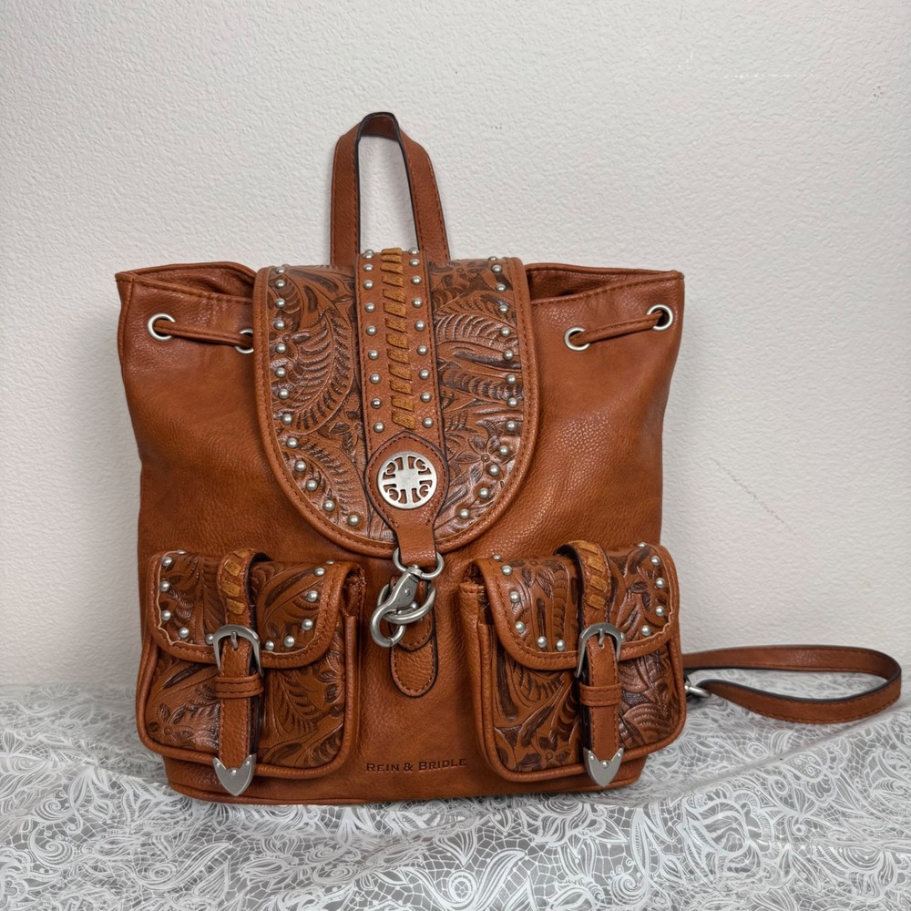 Rein & Bridle Cognac Tooled Vegan Leather Studded Western Backpack Rucksack Boho